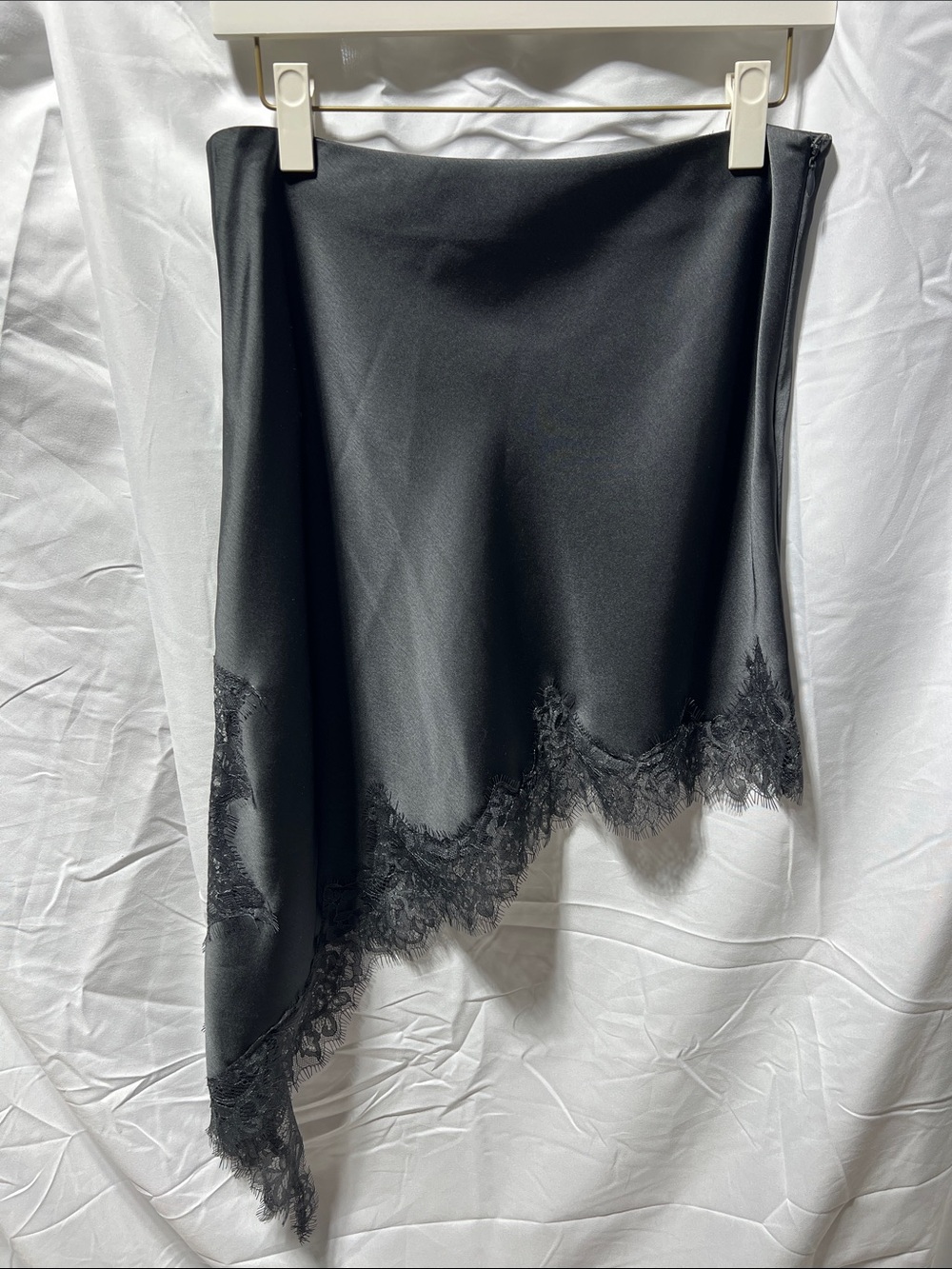 Zara Black Satin Asymmetric Lace-Hem Skirt - Picture 2 of 3